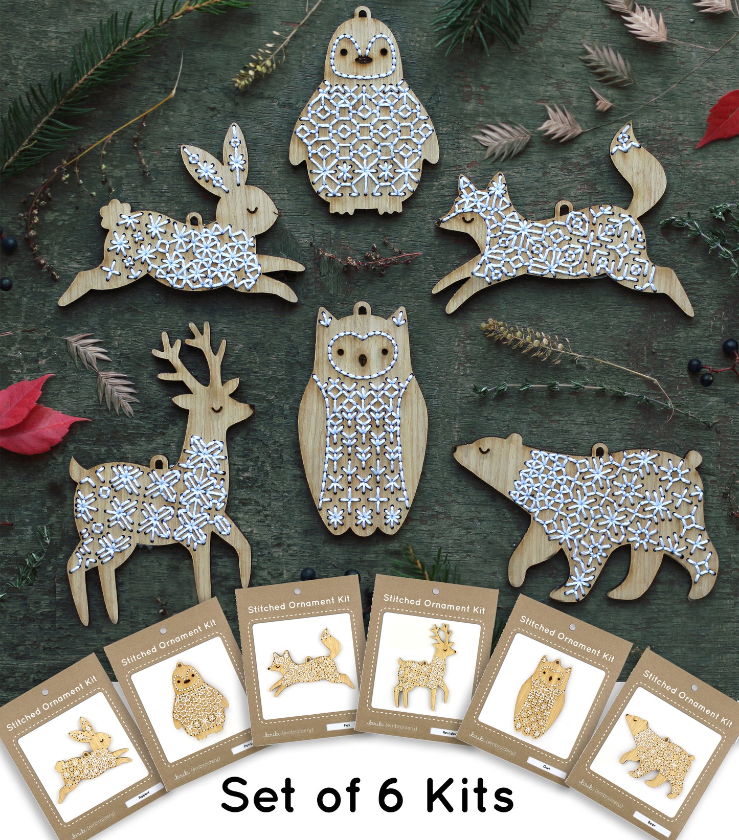 Set of 6 - DIY Stitched Ornament Kit (Oak Set)
