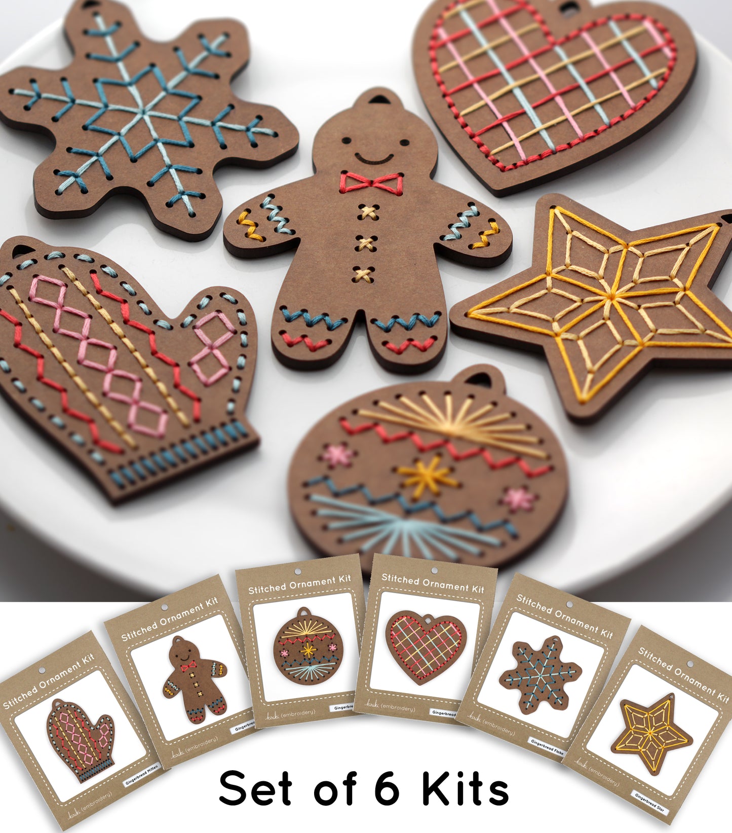 Set of 6 - DIY Stitched Ornament Kit (Gingerbread Cookie Set)