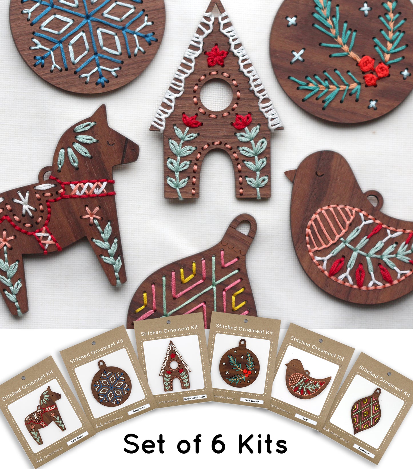 Set of 6 - DIY Stitched Ornament Kit (Walnut Set)